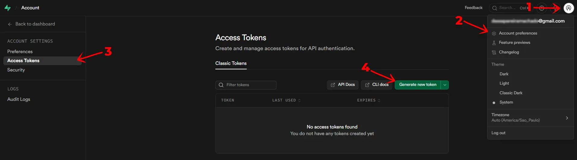 Passo 1: Access Tokens no Supabase