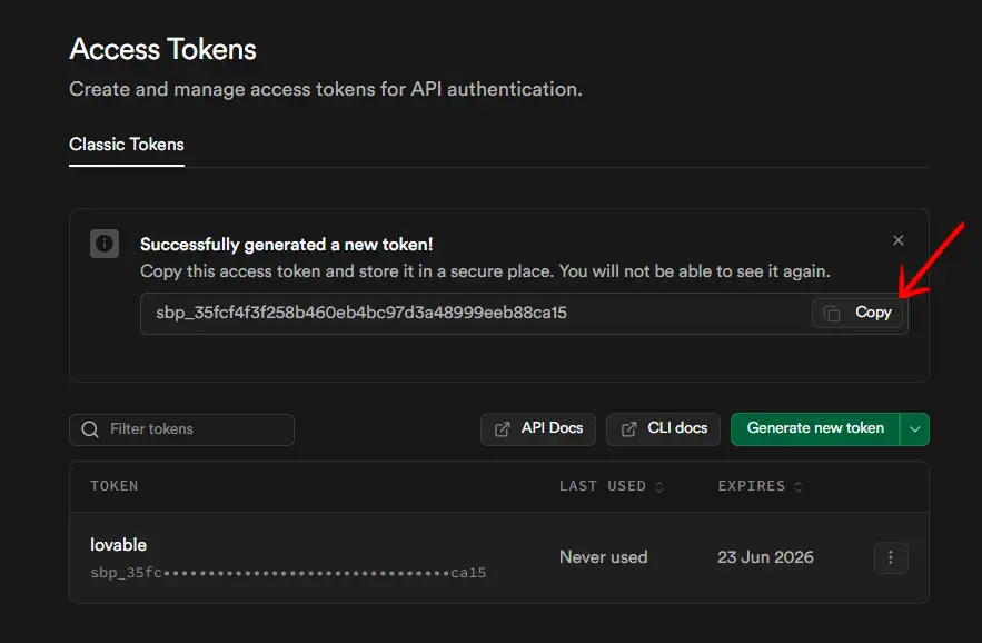 Passo 3: Copiar Token Gerado